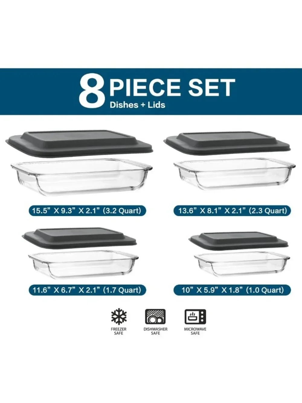 8-Piece Rectangular Glass Bakeware Set with Lids - Ideal for Lasagna, Cooking